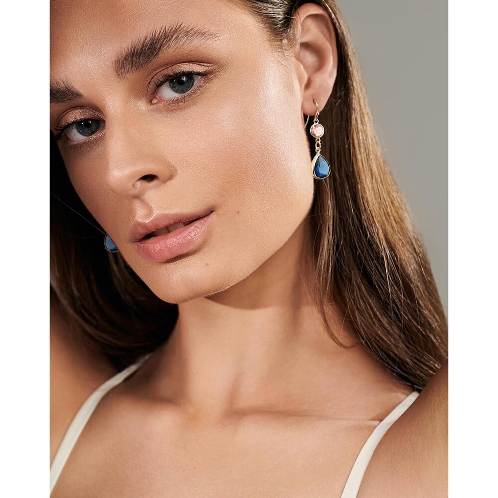 Sapphire Blue Dangle Earrings Blue Topaz Gold Handmade Aquamarine Drop Earrings - Picture 3 of 7